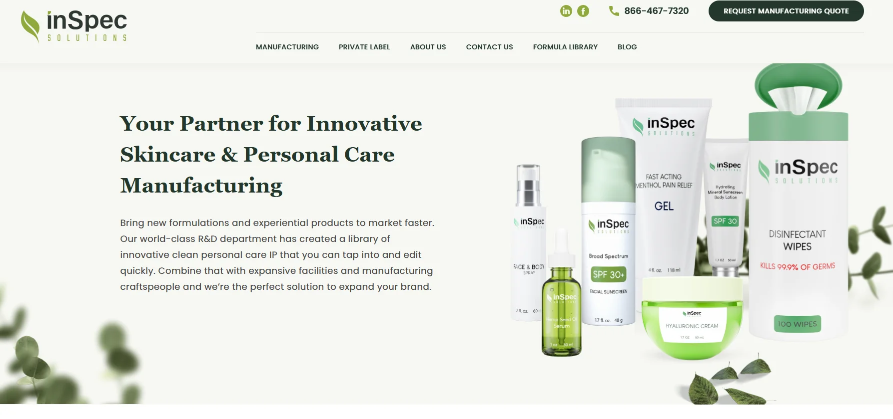 Collection of inSpec Solutions skincare products including sprays, lotions, and wipes, with an invitation for manufacturing partnership.